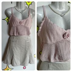 Cute Armpit to armpit: 15" - 17" stretched Length: 15" (shoulder to hem) Size on tag: M Pink Crocheted Crop Top / Cami w Rosette. Fitted Pink Crochet Lace Crop Top, Fitted Pink Crochet Top, Pink Fitted Crochet Lace Crop Top, Pink Fitted Cottagecore Top, Fitted Pink Cottagecore Top, Cute Fitted Crochet Top For Spring, Crochet Cami Top, Crochet Coquette, Coquette Fairy