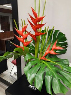 a plant with red flowers and green leaves on a table in front of a mirror