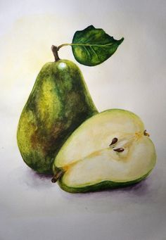 a painting of two pears and a green leaf