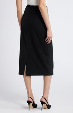 The smooth, stretchy fabric of this streamlined pencil skirt lets you effortlessly transition from desk to dinner. Lined 68% polyester, 28% viscose, 4% spandex Dry clean Imported Sleek Elastane Skirt For Night Out, Sleek Pencil Skirt For Night Out, Black Elastane Pencil Skirt For Office, Evening Midi Skirt In Elastane, Sleek Structured Bottoms, Chic Midi-length Pencil Skirt For Office, Black Elastane Pencil Skirt For Work, Chic Midi Length Pencil Skirt For Office, Black Midi Length Pencil Skirt For Office