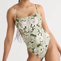 Nwt J. Crew X Liberty London Tie-Back One-Piece Swimsuit, 2022 Season, Liner In Tact Cutout Swimwear For Spring, Fitted Backless One Piece For Spring, Fitted Cutout One Piece, Lined One-piece For Spring, Swimsuit 2022, Liberty London, Green Cream, Tie Backs, Womens Swim