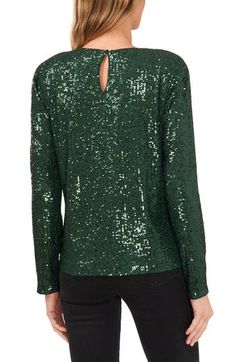 Splash some sparkle into a fun or fancy look with this twinkling top. Jewel neck Long sleeves 95% polyester, 5% spandex Hand wash, dry flat Imported Alpine Green, Jewel Neck, Long Sleeve Top, Sequin, Long Sleeve Tops, Sleeve Top, Hand Wash, Nordstrom, Sparkle