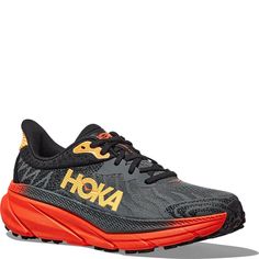 The best all-terrain ride are these  1134497-CFLM Hoka Men's Challenger 7 Bellwether Running Shoes.  Combining a simplified mesh upper with a soft new foam, we've increased the stack height for a plusher feel and added proprietary rubber to the bottom unit, along with a reimagined outsole design.  Engineered Mesh Recycled Poly Laces Compression Molded Eva Foam Midsole  American Podiatric Medical Association (APMA) Seal of Acceptance Durabrasion Rubber 4mm Lugs Extended Heel Pull  1134497-CFLM Hoka Men's Challenger 7 Bellwether Running Shoes - Castlerock/Flame Dynamic Mesh Trail Running Shoes With Air Cushioning, Waterproof Trail Running Shoes With Round Toe For Sports, Orange Trail Running Shoes With Air Cushioning For Sports, Dynamic Mesh Sneakers For Trail Running, Breathable Carbon Trail Running Shoes, Dynamic Mesh Trail Running Shoes With Round Toe, Dynamic Low-top Trail Running Shoes With Air Cushioning, Carbon Low-top Running Shoes For Sports, Low-top Carbon Running Shoes For Sports