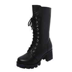 Military Madam Boots Vegan faux leather zip up boots with a lace-up look that come to a great mid-shin length. We love the cool chunky corrugated tire sole. Super cute with a mini skirt or skinny jeans! Please check the size chart below before ordering and measure your foot length. These run small! Material: PU; Waterproof Rubber. Heel Height: 2.6"/6.5cm Length: 9.8"/25cm Closure: Zip. Size US Size Heel to Toe 35 5 8.9" (22.5cm) 36 6 9" (23cm) 37 6.5 9.3" (23.5cm) 38 7.5 9.4" (24cm) 39 8.5 9.6" Casual Winter Platform Boots With Lace-up Fastening, Gothic Lace-up Winter Platform Boots, Gothic Lace-up Platform Boots For Winter, Gothic Faux Leather Martin Boots For Winter, Gothic Knee-high Combat Boots For Winter, Winter Combat Boots With Zipper In Faux Leather, Winter Lace-up Moto Boots With Zipper Closure, Winter Faux Leather Lace-up Boots With Zipper, Winter Lace-up Boots With Zipper In Faux Leather