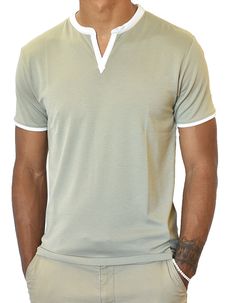 Make your point in style! These short sleeve Henley shirts without buttons are made with our super soft, breathable, high quality rayon (made from wood chips). This blended fabric comes out of the dryer ready to wear. Slightly tapered to show the male form along with clean, masculine styling--pure SpearPoint! These shirts are are perfect for a night on the town, work, knocking around in style, or looking good at the gym.        - A super soft yet durable, premium quality rayon (made from wood chips) blended fabric designed in USA for a lightweight, stretch, comfortable feel and fit.     - A stylish, breathable short sleeve and banded notched V-neck collar pull-on casual shirt.     - Machine wash and dry, is lightweight and quick-dry, comes out of the dryer ready to wear - wrinkle-free and Stretch Henley Neckline Summer Tops, Fitted Khaki Short Sleeve Top, Khaki Cotton V-neck Top, Henley Neckline T-shirt With Relaxed Fit For Summer, Relaxed Fit Henley T-shirt For Summer, Green Short Sleeve Stretch Shirt, Green Stretch Short Sleeve Shirt, White Henley Neckline T-shirt For Summer, Notch Collar Shirt