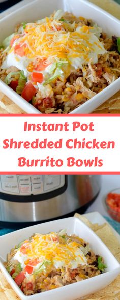 instant pot shredded chicken burrito bowls in front of an instant pot