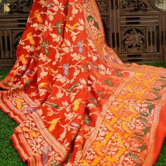 Orange Pure Georgette Banarasi Meenakari Birds Dupatta - Khinkhwab Traditional Red Pashmina Dupatta Shawl, Traditional Red Pashmina Shawl Dupatta, Orange Meenakari Dupatta In Anarkali Style, Orange Meenakari Dupatta, Orange Anarkali Dupatta With Meenakari, Traditional Ceremonial Jamawar Pashmina Shawl, Anarkali Style Orange Dupatta With Meenakari Detailing, Ceremonial Jamawar Shawl For Festivals, Ceremonial Multicolor Dupatta With Cutdana Details