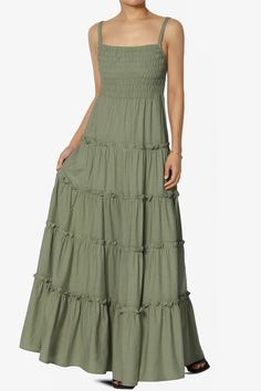 Cassie Smocked Cami Tiered Maxi Dress DUSTY OLIVE_1 Vacation Wear, Tiered Maxi Dress, A Line Skirt, Spaghetti, A Line, Maxi Dress, Square