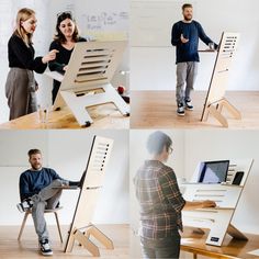 four different pictures of people standing in front of a computer screen and chair with the same person sitting on it