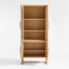 a wooden bookcase with two doors and drawers on one side, the door is open