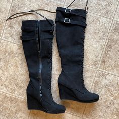 Never Worn Black Size 8 Lace Up Wedge Knee Length Boots Y2k Knee High Boots, Black Suede High Heel Wedge Boots, Black Boots Knee High, Black Boots Knee, Wedged Boots, Thrift Manifest, Knee High Wedge Boots, Fit Board, Boots Knee High