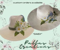 Beach Straw Hat. Hand Painted Daisies. Adjustable Size. - Etsy Painting Daisies, Beach Straw Hat, Painted Daisies, Painted Hats, Daisy Painting, Lafayette La, Custom Hand Painted, Summer Art, Hat Band