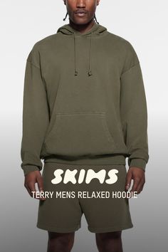 The perfect pullover. Made with 100% midweight cotton french terry, this long sleeve features a roomy, relaxed fit and dropped shoulders for supreme, wear-everywhere comfort between seasons. Includes a 2-ply drawstring hood, a front pocket, and ribbing at the cuffs and hem. Fits true to size. | SKIMS Mens Relaxed Hoodie | Green | Small | Terry Hoodie Green, Mens Loungewear, Mens Sweatshirts Hoodie, French Terry, Sweater Hoodie, Front Pocket, Hoodies Men, Lounge Wear, Relaxed Fit