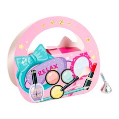 a pink play set with makeup and accessories in the shape of a circle, on a white background