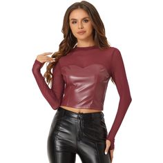 A feminine staple, this leather blouse is stretchy, easy to wear and so on-trend. Offset the feminine mesh with a mini skirt and boots. A mesh sleeve top is elevated to a gorgeous statement-maker with a sweetheart neck and faux-leather bodice. Pair this unique top with party-inspired pants and strappy heels for a stylish look. Whether you're going for a relaxed brunch or a night out, this top ensures a fashionable and comfortable look. Trendy Long Sleeve Faux Leather Top, Trendy Faux Leather Long Sleeve Top, Trendy Fall Mesh Top With Mesh Sleeves, Fall Mesh Top In Trendy Style, Faux Leather Tops For Party In Fall, Trendy Fitted Faux Leather Top, Trendy Fitted Faux Leather Tops, Faux Leather Tops For Fall Party, Faux Leather Long Sleeve Top For Night Out