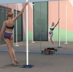 two animated women in bathing suits standing on pedestals outside an office building with glass doors