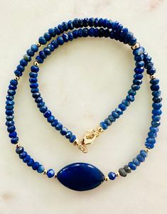 Natural Gemstone Necklace. 4mm rondelle hand cut lapis stones with oval lapis pendant bead and 18k gold filled clasp and 18k gold filled accent beads. 16.5 inches in length.  Gold filled extender available upon request.Arrives thoughtfully packaged in an eco-friendly kraft box wrapped in ribbon, ready for gifting or keeping for yourself. Lapis Pendant, Natural Gemstone Necklace, Oval Pendant, Natural Beads, Durham, Chain Styles, Gemstone Necklace, Favorite Jewelry, Semi Precious