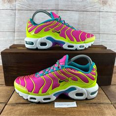 Nike Air Max Plus Volt Green Pink Blast Cw5840-700 Size 6.5y /Women's Size 8 Size 5y / Women’s 6.5 Brand New No Box Has Shelf Wear On Back Of Heel On Midsole From Being On Shelf/Age Pink High-top Sneakers For Training, Sporty Neon Low-top Sneakers, Nike Multicolor Athleisure Running Shoes, Pink Running Shoes With Boost Midsole, Pink Running Shoes With Boost Midsole For Light Sports, Pink Running Shoes For Light Sports With Boost Midsole, Multicolor Synthetic Sneakers For Training, Pink Breathable High-top Sneakers, Pink Slip-on Synthetic Running Shoes