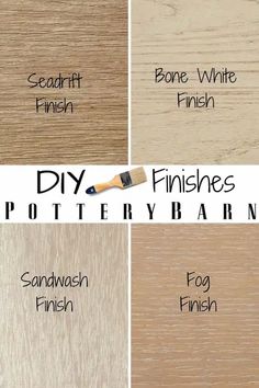 four different colors of wood with the words diy finishes written in black and white