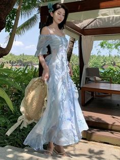 MQTIME - French Vintage New Summer Fashion Women Blue Floral Off Shoulder Short Sleeve Dress Boho Ruffle Edge Evening Party Long Sundress Measurement In CM Size Chest Length S 80 125 M 84 126 L 88 127 XL 92 128 Measurement In Inch Size Chest Length S 31.5 49.2 M 33.1 49.6 L 34.6 50.0 XL 36.2 50.4 Summer Fashion Women, Long Sundress, Dress Boho, Short Sleeve Dress, Women's Summer Fashion, Evening Party, Maternity Clothes, Boho Dress