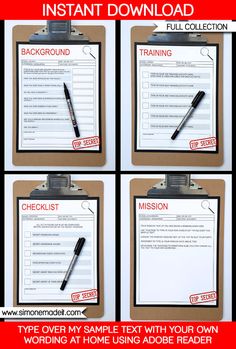 four clipboards with instructions on them for writing