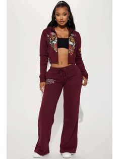 Wholesale Tiger Roar Floral Printed Hoodies Pant Sets MTR071746BR | Wholesale7 Burgundy Fashion, Tops And Bottoms, Sweater Jumpsuit, Fire Fits, Fall Fashion Trends, Ed Hardy, Halloween Dress, Matching Dresses