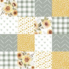 a patchwork quilt with sunflowers and hearts on the checkerboard background