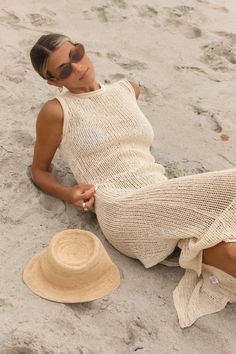 The Dolce Vita Cotton Knit Dress features an open knit design. Wear it over a swimsuit at the beach or pool as a cover-up. Made with soft cotton material for a breathable and lightweight feel. White Knit Cover Up, Summer Beach Cover Ups, Beach Knit Dress, Swim Cover Up, Beach Cover Up Outfit, Thrift Bundle, Knit Beach Dress, Maternity Lounge Wear, Vacation Fits