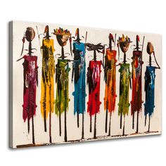 an abstract painting of colorful clothes hanging on a wall