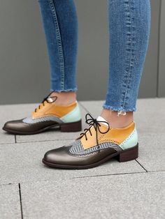 Multicolor  Collar     Embellished   Women Shoes Women’s Oxford Shoes Outfit, Brouges Women, Brogue Shoes Women, Oxford Shoes Women, Brogues Womens, Flat Oxford Shoes, Shoes Shein, Women Brogues, Oxford Shoes Outfit