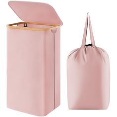 a large pink bag next to a smaller pink bag with a wooden handle on the side