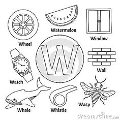 worksheet for the letter w with pictures and words to color, including watermelon