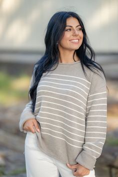 $54.00 Taupe and Cream Striped Sweater https://www.batessistersboutique.com/product/taupe-and-cream-striped-sweater/ Approx. Measurements in Inches  S  M  L      Length  19  20  21      Bust  38  40  42 Bates Sisters Boutique Gray Long Sleeve Sweater For Spring, Gray Casual Sweater For Spring, Spring Soft Knit Long Sleeve Sweatshirt, Long Sleeve Sweater For Spring Layering, Gray Cotton Sweater For Layering, Spring Gray Cotton Sweater, Casual Spring Sweatshirt With Soft Knit, Gray Cotton Layering Sweater, Beige Cotton Sweater For Fall