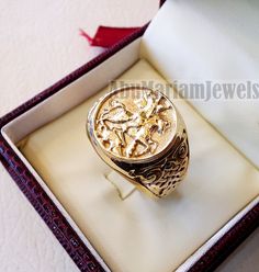 St George's and the dragon heavy man ring round 10K gold historical religious Greek Orthodox Christian all sizes jewelry Risk free Quality guarantee policy : If you are not satisfied with your item for any reason simply send it to us and you will get a replacement or refund . gold : 10 k gold Approx. ring weight : 18.00 grams stamped 10K nice gift box included . certificate invoice from our shop of weight and gold purity . 10K Gold is used . Face width 18 mm , band width 7 mm FULL INSURANCE UPS Greek Orthodox Christian, Saint George And The Dragon, Orthodox Christianity, Greek Orthodox, Saint George, 10k Gold, High Quality Jewelry, Sterling Ring, Custom Rings