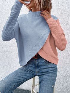 Crew Neck Color Block Long Sleeve Casual Pullover Sweater Multicolor Casual  Long Sleeve Fabric Colorblock Pullovers Slight Stretch  Women Clothing, size features are:Bust: ,Length: ,Sleeve Length: Office Sweater, Split Sweater, Casual Pullover Sweater, Pullover Outfit, Hem Sweater, Women Sweaters, Open Knit Sweater, Casual Pullover, Knitwear Women