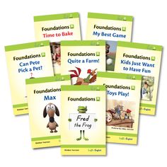 four children's books with pictures of farm animals and the words, foundation to bake