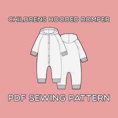 children's hooded romper sewing pattern with the text, pf sewing pattern