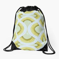 a drawstring bag with an abstract design on the front and back, in yellow