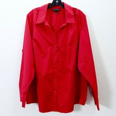 Brand New Without Tags Lane Bryant Long Sleeve Red Solid Button Down Dress Shirt Size 24 Across Chest 27" Shoulder-Hem 31 64% Cotton 33% Nylon 3% Spandex From A Smoke And Pet Free Environment Red Button-up Blouse With Button Cuffs, Red Office Shirt With Button Closure, Red Buttoned Shirt For Work, Red Button-up Shirt For Office, White Tunic Tops, Button Down Dress Shirt, Poncho Style, Women Tunic Tops, Button Down Dress