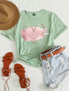 Women's Pink Heart Pattern Round Neck Short Sleeve T-Shirt Graphic Tees Women Tops Green Casual  Short Sleeve Fabric Graphic,Heart,Plain,Plants  Slight Stretch Summer Women Clothing, size features are:Bust: ,Length: ,Sleeve Length: Pink Heart Pattern, Heart Patterns, Graphic Tees Women, Pink Heart, Summer Women, Women Clothing, Pink Ladies, Casual Shorts, Length Sleeve