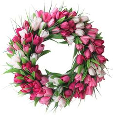 a wreath with pink and white tulips on it