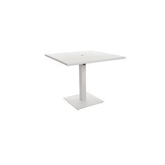 the square table is white and has an extended pedestal on one side, while the other end