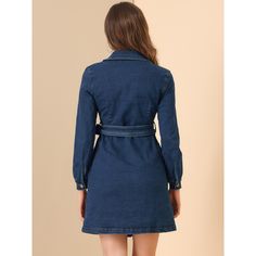 This dress is cut from denim and detailed with double-breasted and a belted waist. This denim dress is made of 75% cotton, it's stretchy. It has its unique style. The lovely jeans dress also can be a coat. Team this jean dress with chunky boots and a shoulder bag to complete your outfit of the day. It is classy, chic, and perfect for everyday wear, and work, as well as for going out. Denim is the new back! Grab the latest denim dress trends and enjoy the smartest casual look in this fall! Fitted Collared Belted Denim Dress, Fitted Collared Denim Dress With Belt, Fitted Belted Denim Dress In Denim Blue, Fitted Denim Blue Belted Denim Dress, Fitted Belted Long Sleeve Denim Dress, Fitted Long Sleeve Belted Denim Dress, Fitted Blue Denim Belted Dress, Blue Belted Cotton Denim Dress, Blue Cotton Belted Denim Dress