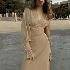 Lasaky - High-Waisted Bodycon Dress with Lantern Sleeves Mandarin Collar Dress, Chiffon Maxi Skirt, Low Cut Dresses, Formal Cocktail Dress, Lantern Sleeve Dress, Chiffon Fashion, Chiffon Midi Dress, Pleated Bodice, Khaki Dress