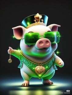 a cartoon pig wearing sunglasses and a green outfit