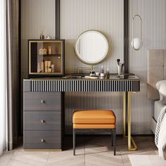 a dressing table with a mirror and stool in a room that has striped walls on it