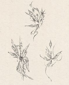 three drawings of leaves and flowers on paper