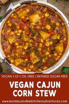 vegan cajun corn stew in a white bowl with text overlay that says vegan cajun corn stew