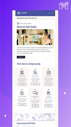 Indigo image background with images of a Move in Day Guide email, with sections to add information about the move in process. Move In Day, University Marketing, Moving Guide, Mail Template, Email Ideas, Free Move, Email Template Design, College Courses