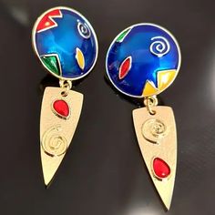 Women's Earrings - New Gold With Synthetic Ruby Inlay Blue Abstract Design Ships Within One Business Day Bundle And Save On Shipping Blue Clip-on Drop Earrings, Blue Metal Clip-on Jewelry, Blue Metal Clip-on Earrings, Blue Metal Drop Clip-on Earrings, Unique Blue Metal Earrings, Retro Abstract, Blue Abstract, Blue Gold, Abstract Design